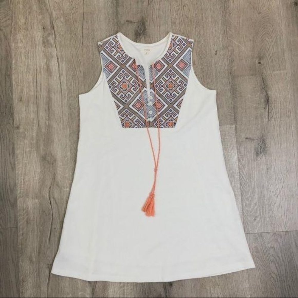 Freeway Aztecs design embroidered top beach dress boho short small w/ tassel